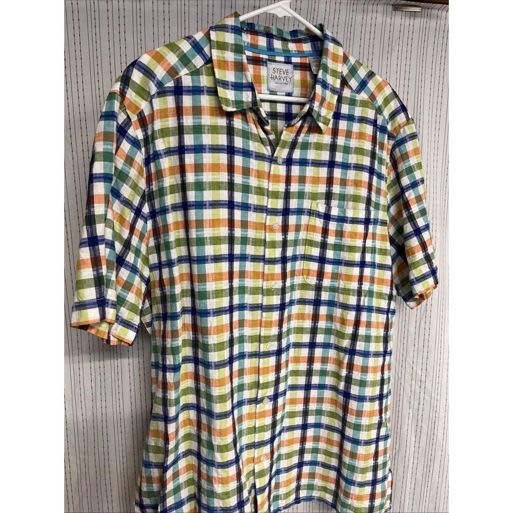 Steve Harvey Collection XL Plaid Linen Short Sleeve Preppy Summer Oversized